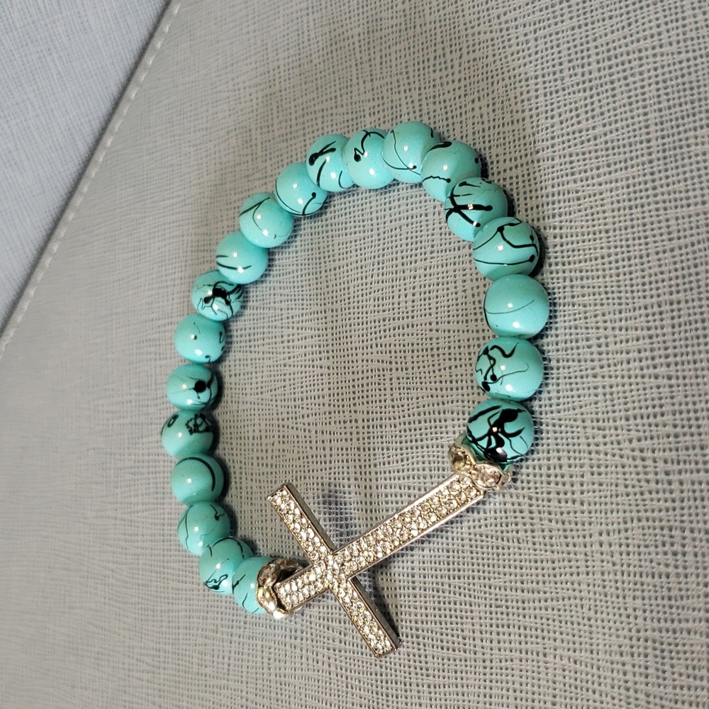 New Fashion/Costume Jewelry Rhinestone Cross and Turquoise Bead Stretch Bracelet